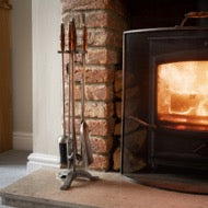 Hand Turned Fire Companion Set in antique pewter finish with traditional wooden handles